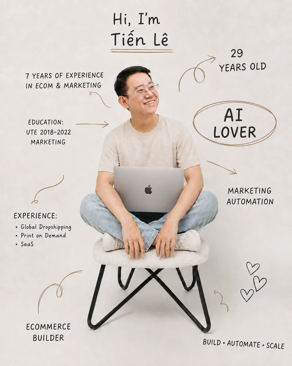Tiến Lê — 29 tuổi, tốt nghiệp Marketing UTE, 7 năm làm ecom và marketing: dropshipping, print on demand, SaaS